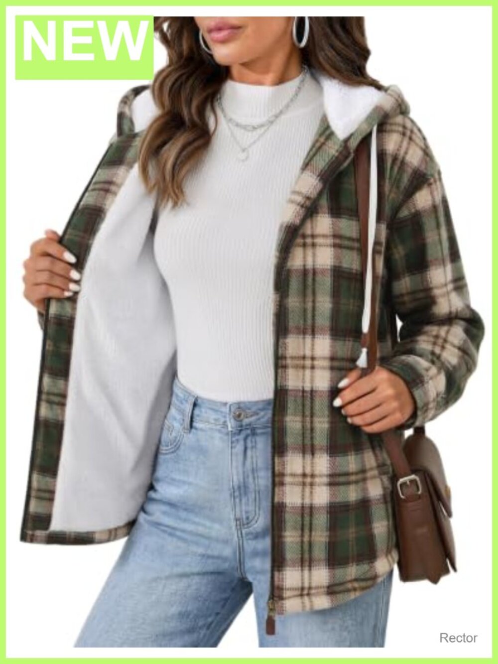 Womens Fleece Plaid Sherpa Hooded Zip Jacket Warm Winter Coat